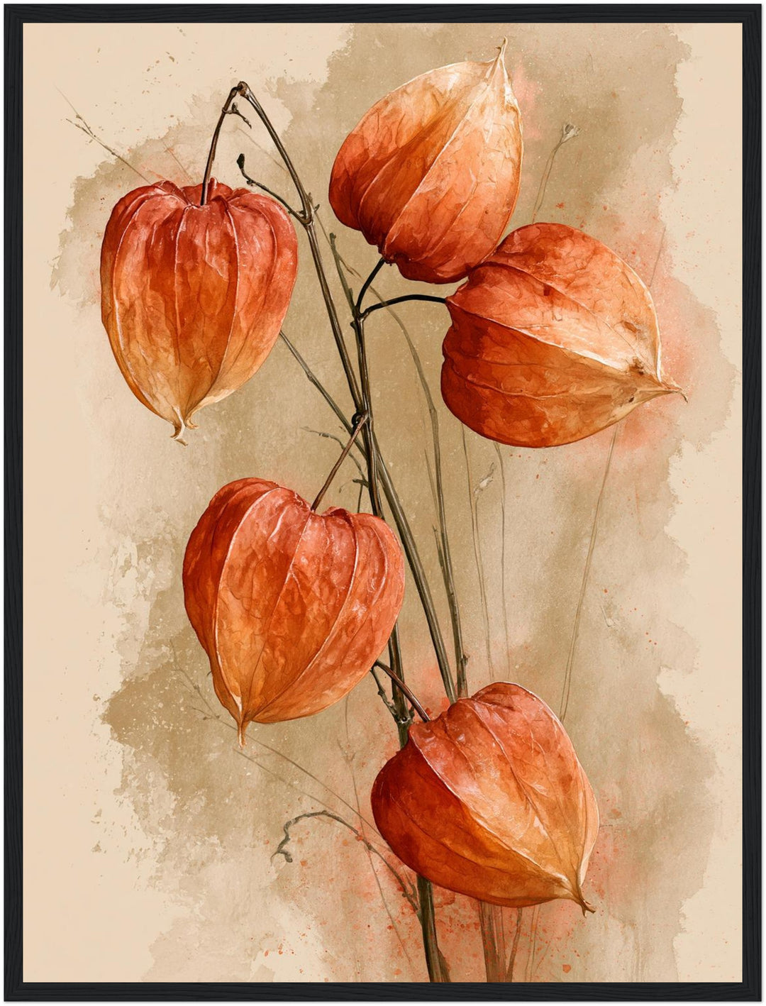 Rote Lampionblumen im Herbst Poster – Schwarzer Rahmen – Produktfoto