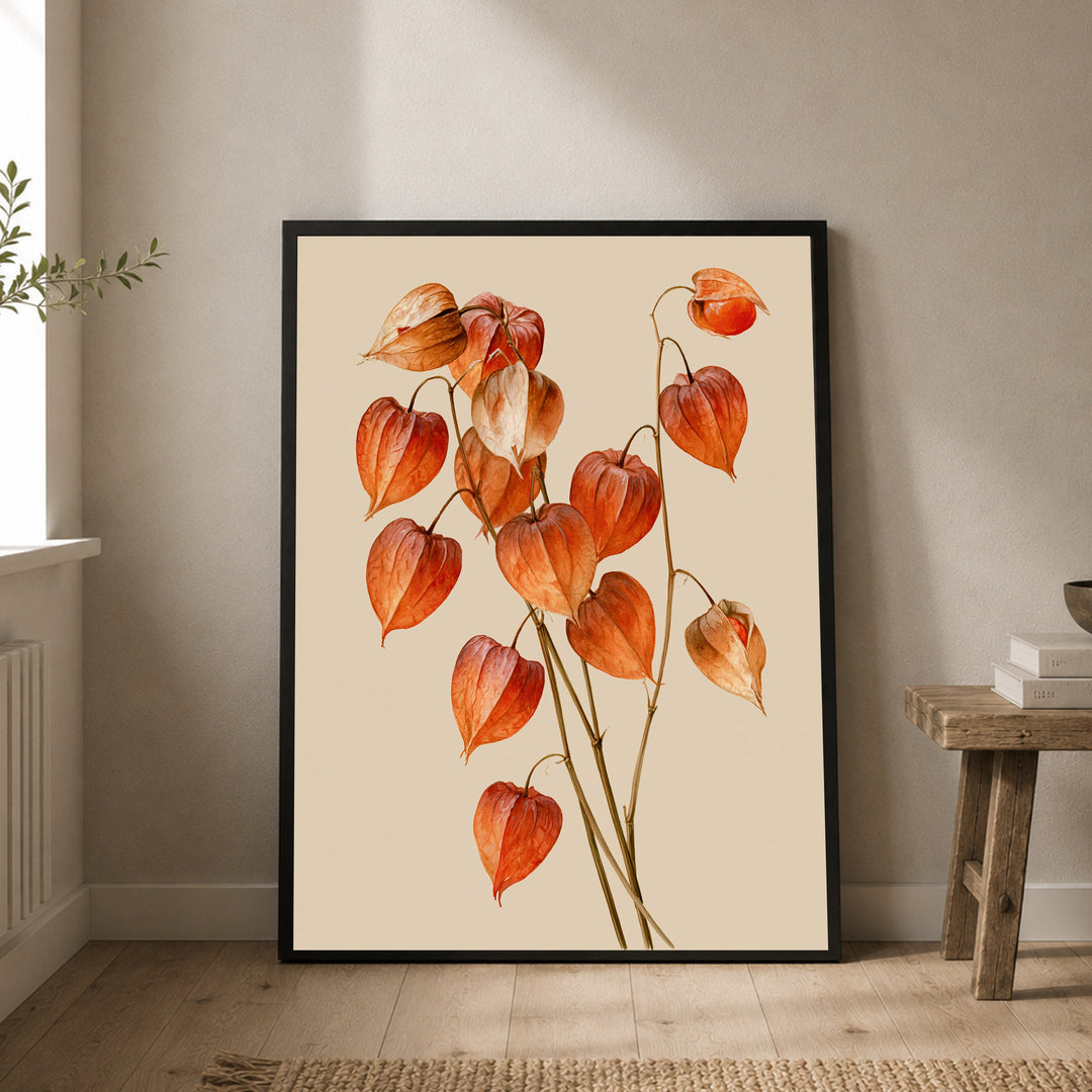 Rote Lampionblumen im Herbst Poster – Schwarzer Rahmen – Produktfoto