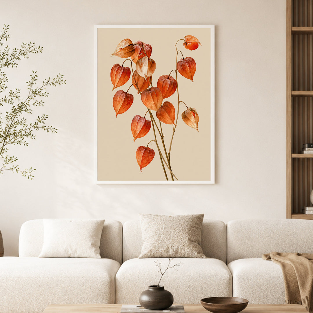 Rote Lampionblumen im Herbst Poster – Weißer Rahmen – Produktfoto
