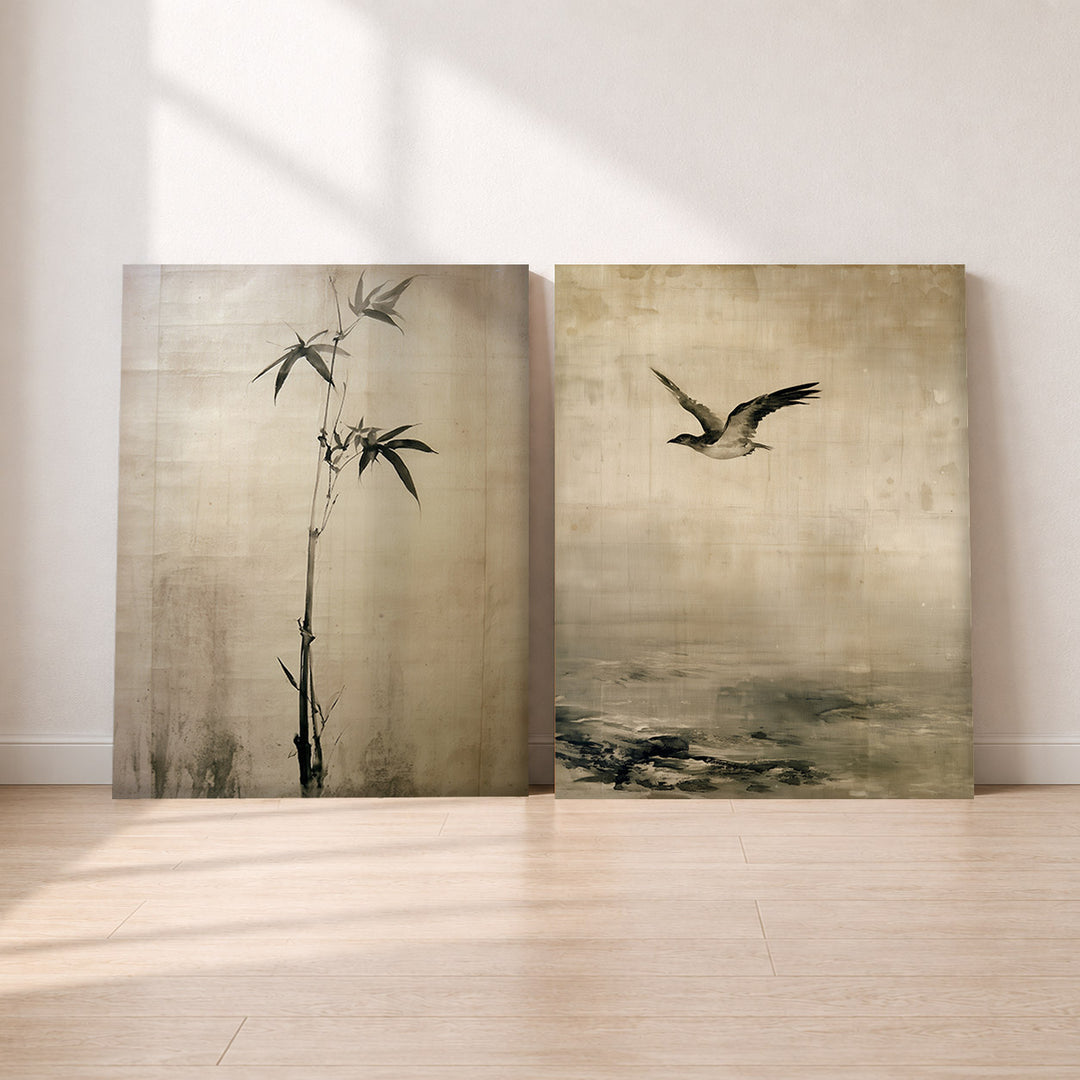 Set-Ansicht: Japandi Leinwand Set – Bambus & Möwe (2er)