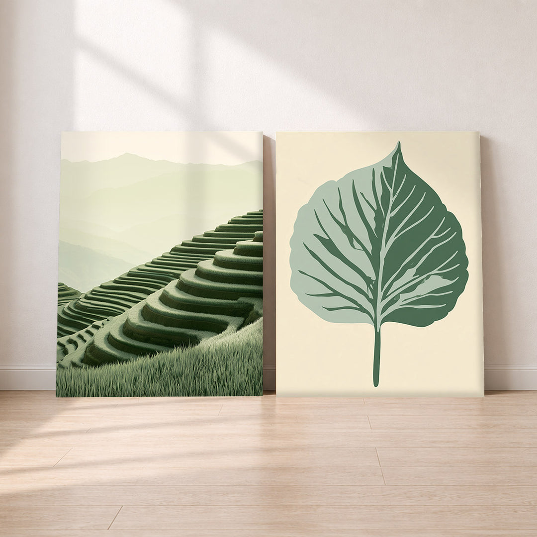 Set-Ansicht: Japandi Leinwand Set – Grüne Ruhe (2er)