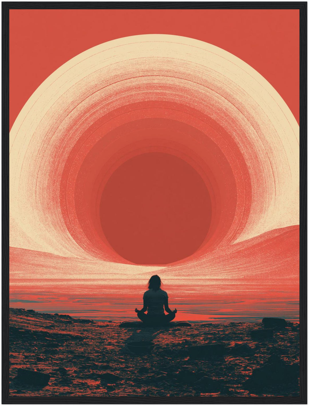 Meditation am roten Horizont Poster – Schwarzer Rahmen – Produktfoto