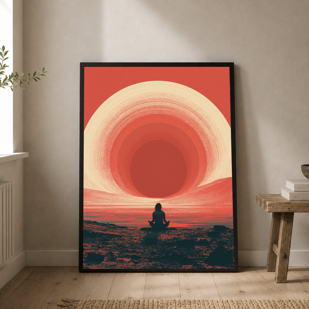 Meditation am roten Horizont Poster – Schwarzer Rahmen – Produktfoto