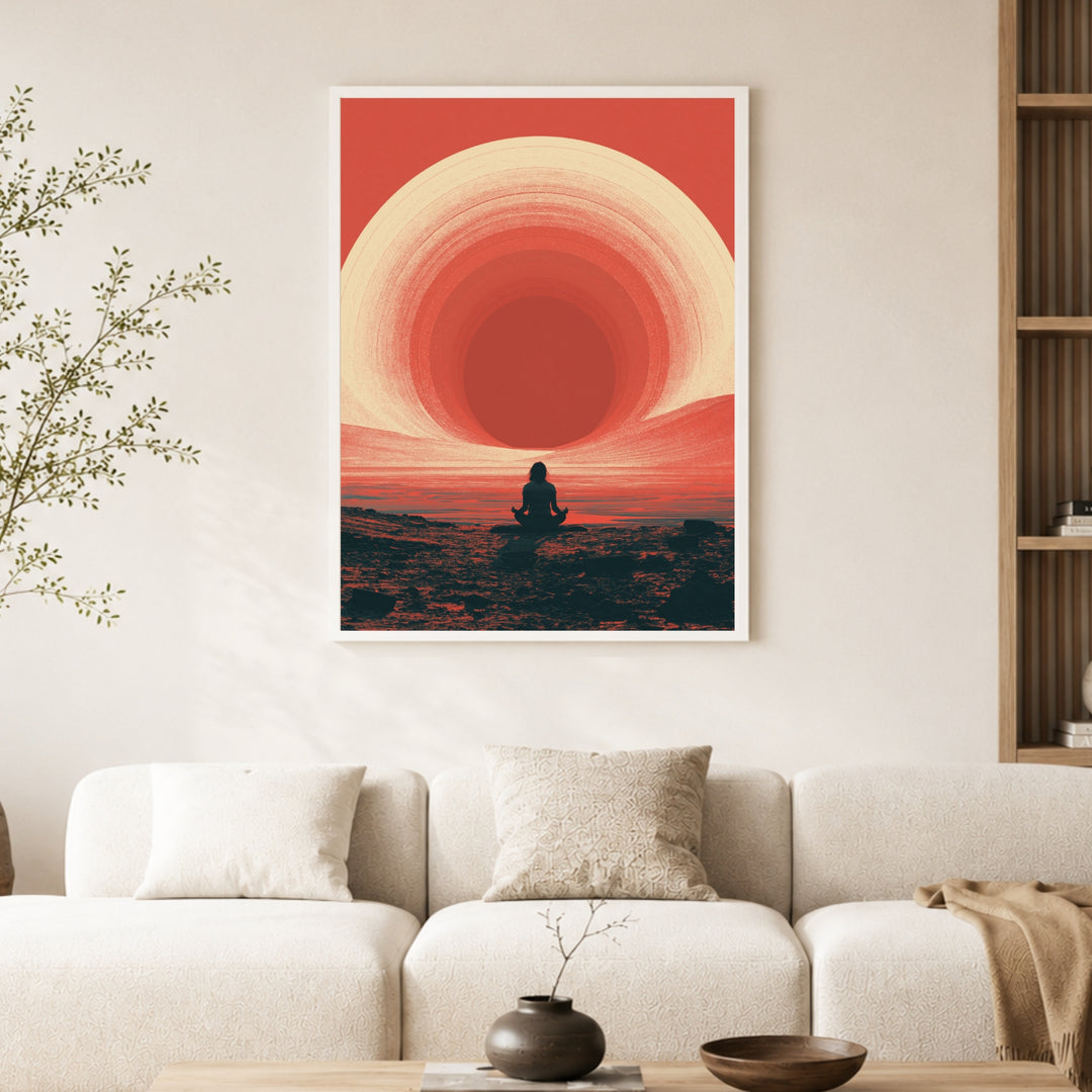 Meditation am roten Horizont Poster – Weißer Rahmen – Produktfoto