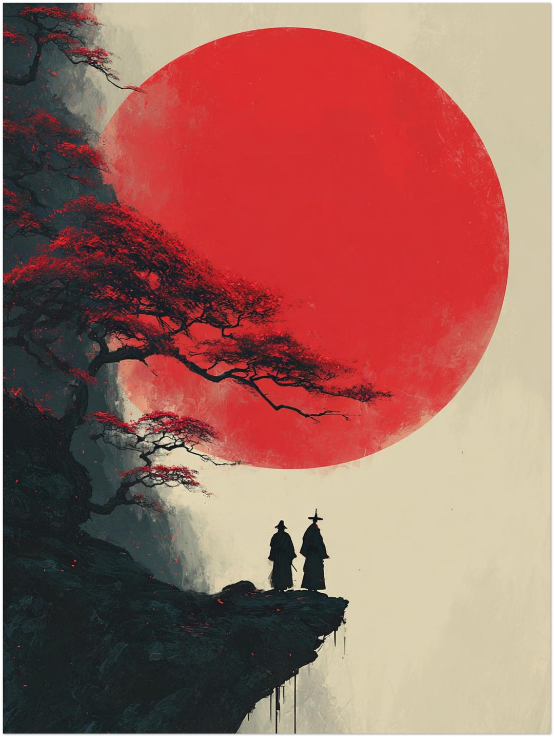 Mönche vor rotem Mond Japandi – Wandkunst
