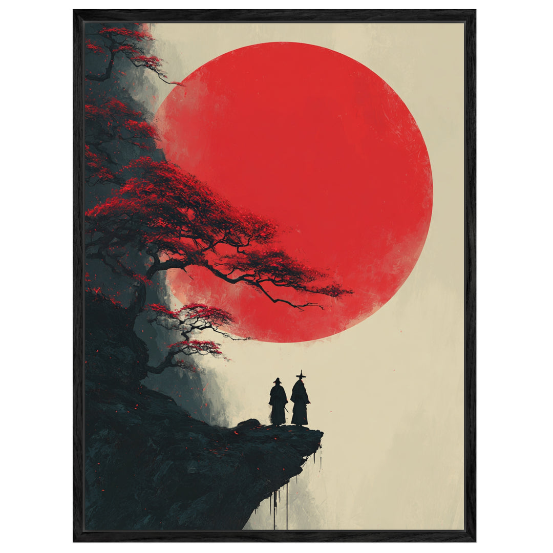 Mönche vor rotem Mond Leinwandbild Japandi – Leinwand auf Holzrahmen – Ansicht 2