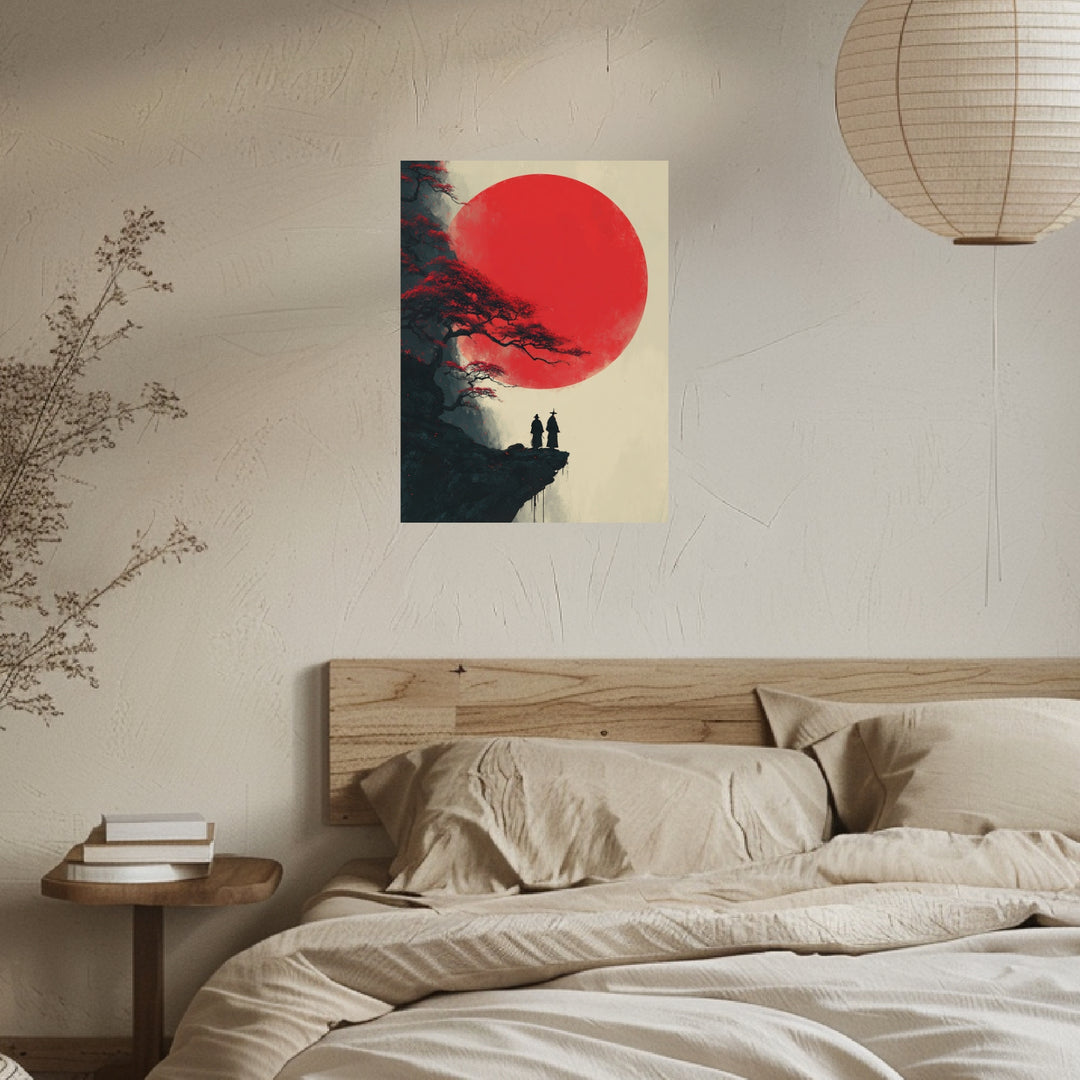 Mönche vor rotem Mond Poster Japandi – mattes Kunstdruck-Papier – Ansicht 2