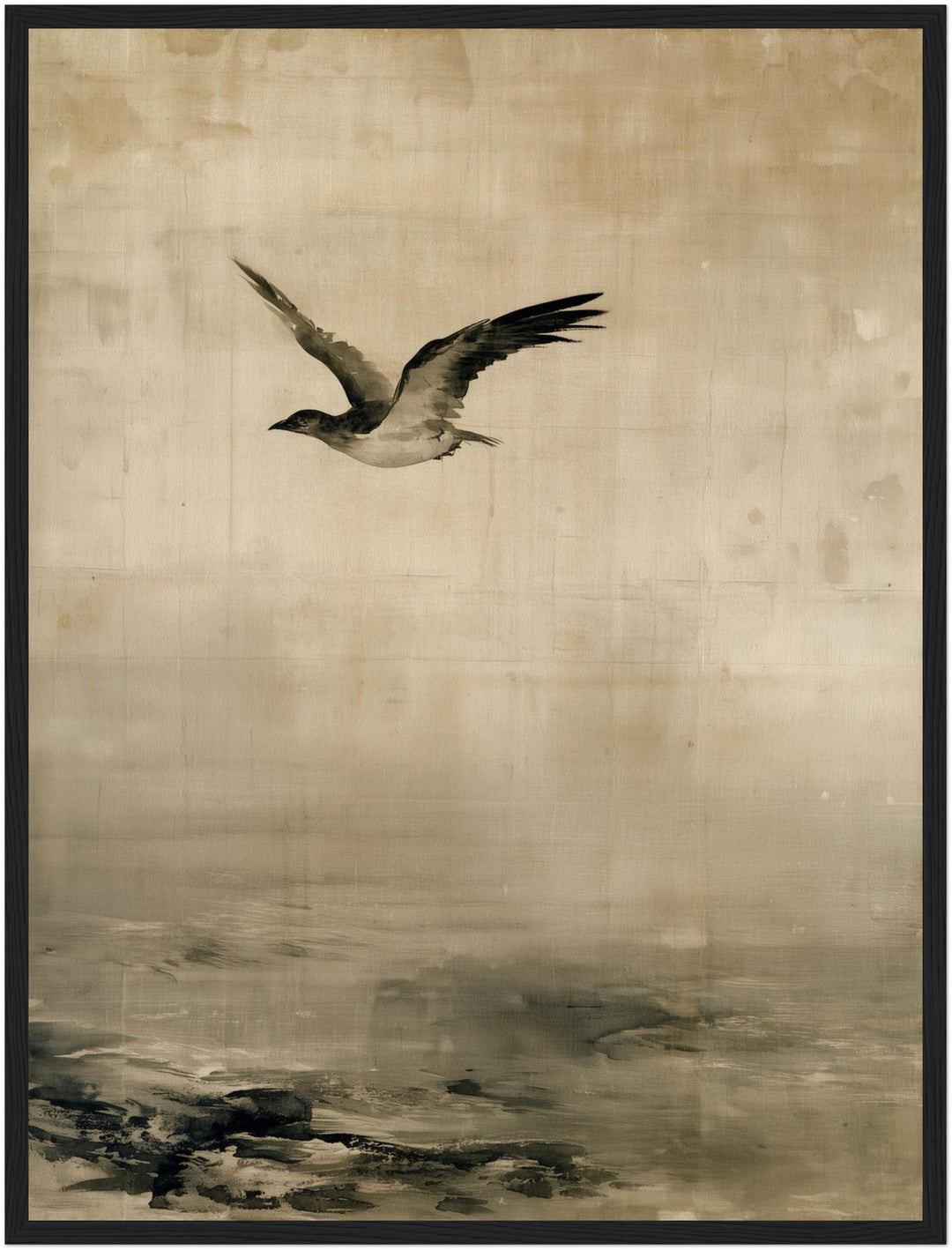 Möwe über stilles Wasser Poster – Schwarzer Rahmen – Produktfoto