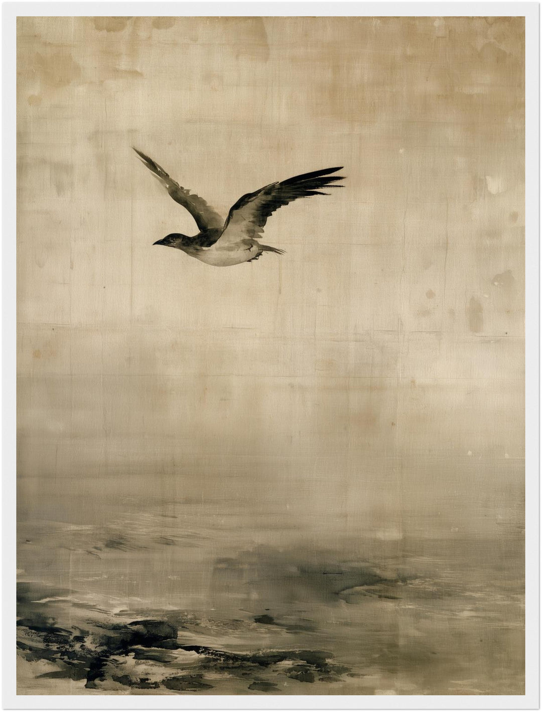 Möwe über stilles Wasser Poster – Weißer Rahmen – Produktfoto
