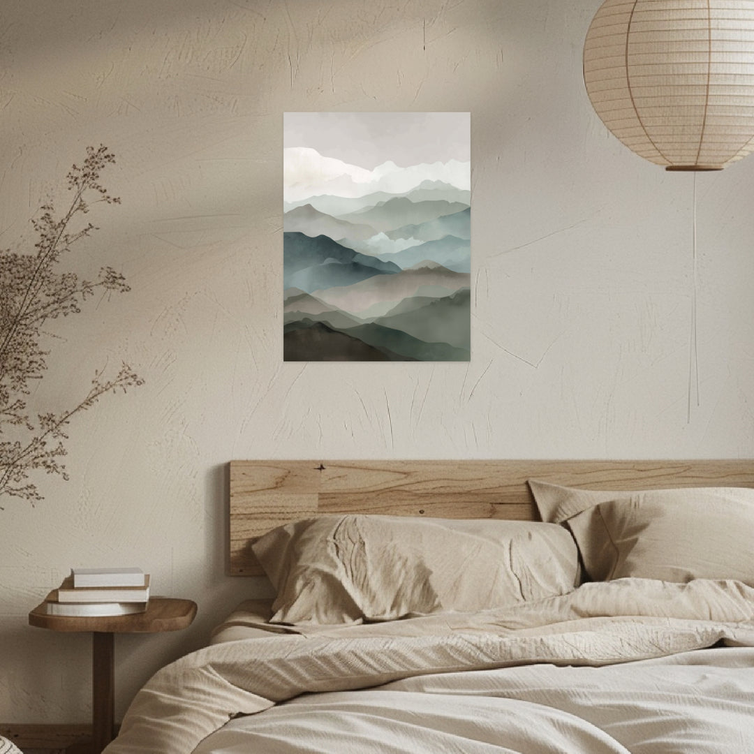 Nebelige Berghorizonte Leinwandbild Japandi – Leinwand auf Holzrahmen – Ansicht 3