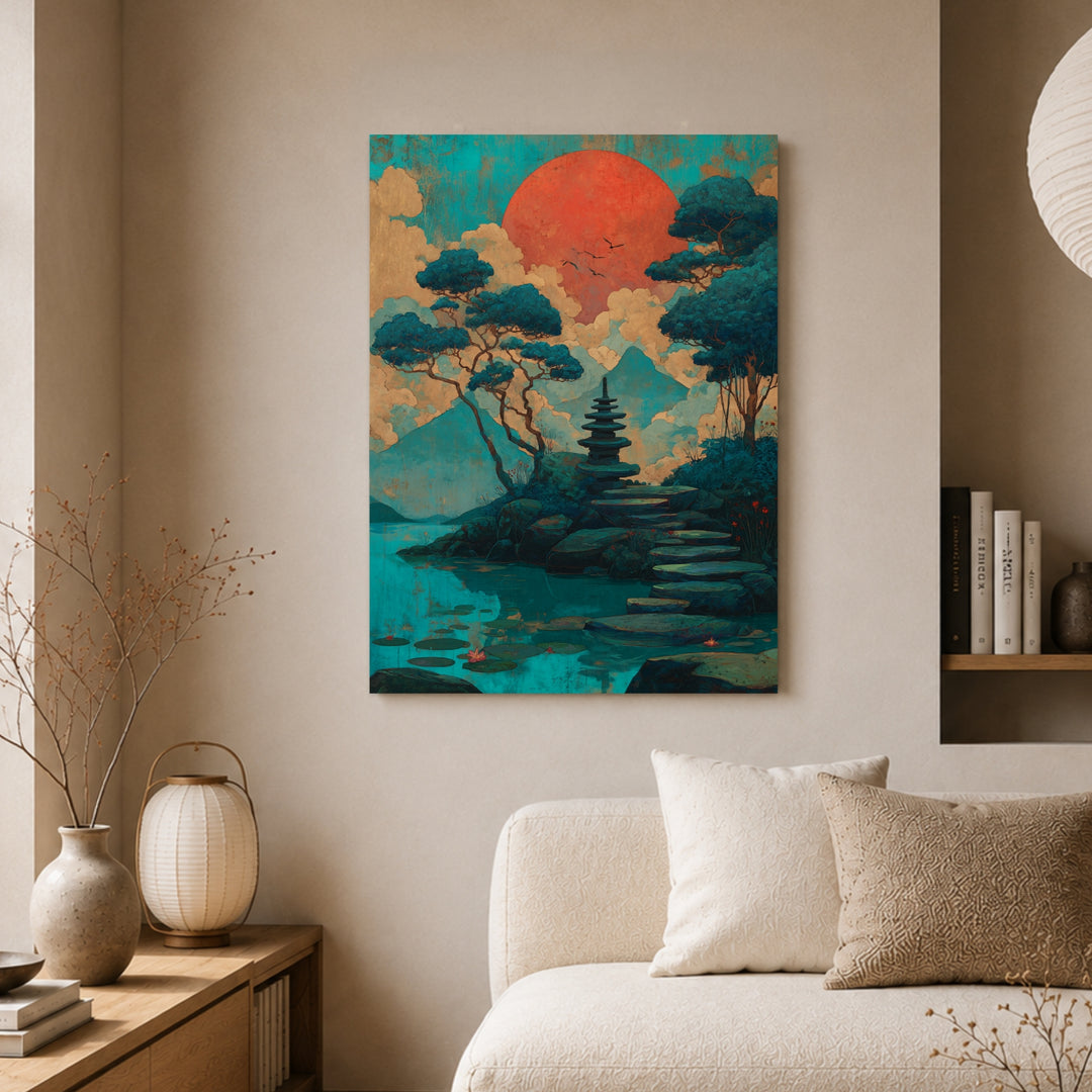 Pagode am See Japandi – Wandkunst