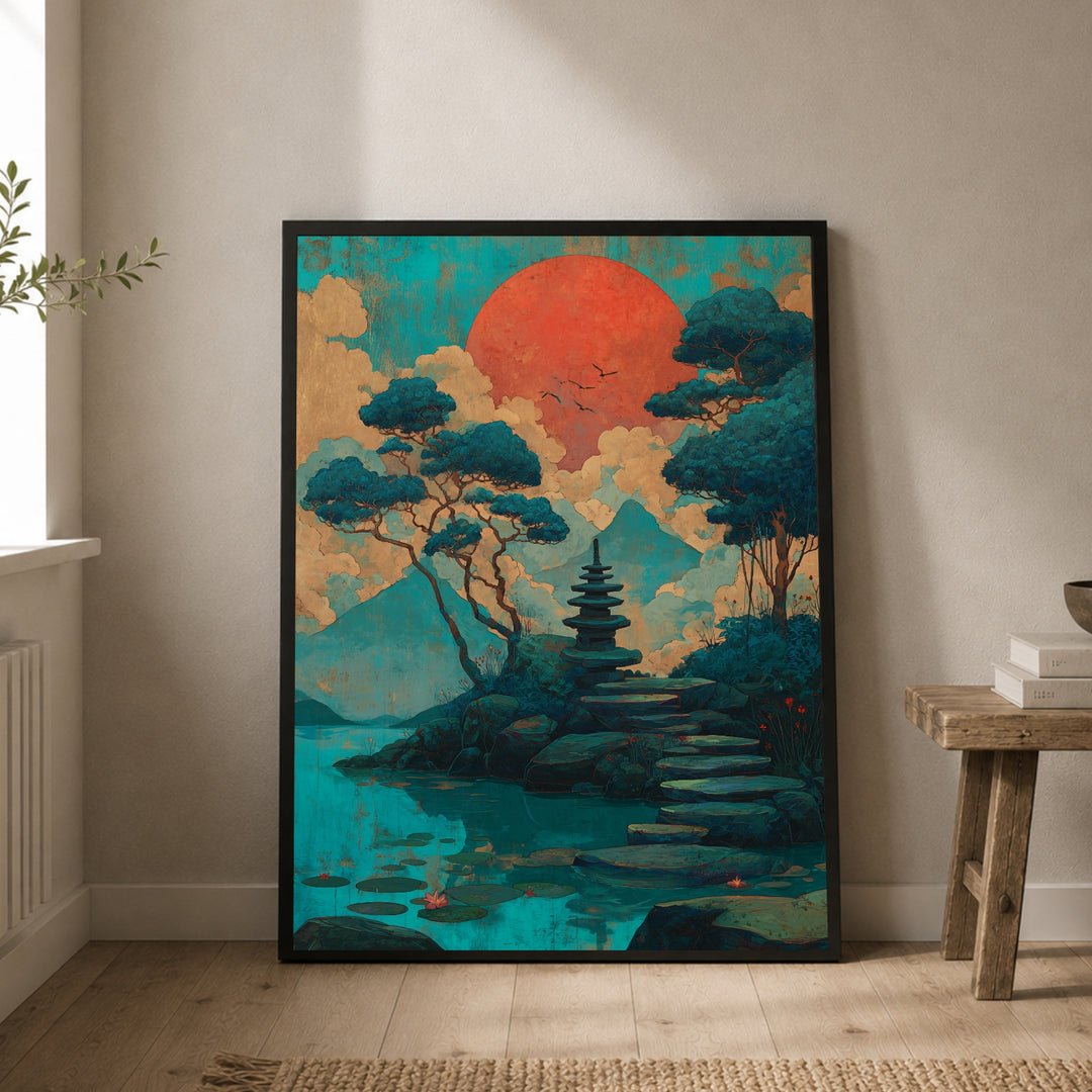 Pagode am See Japandi – Wandkunst