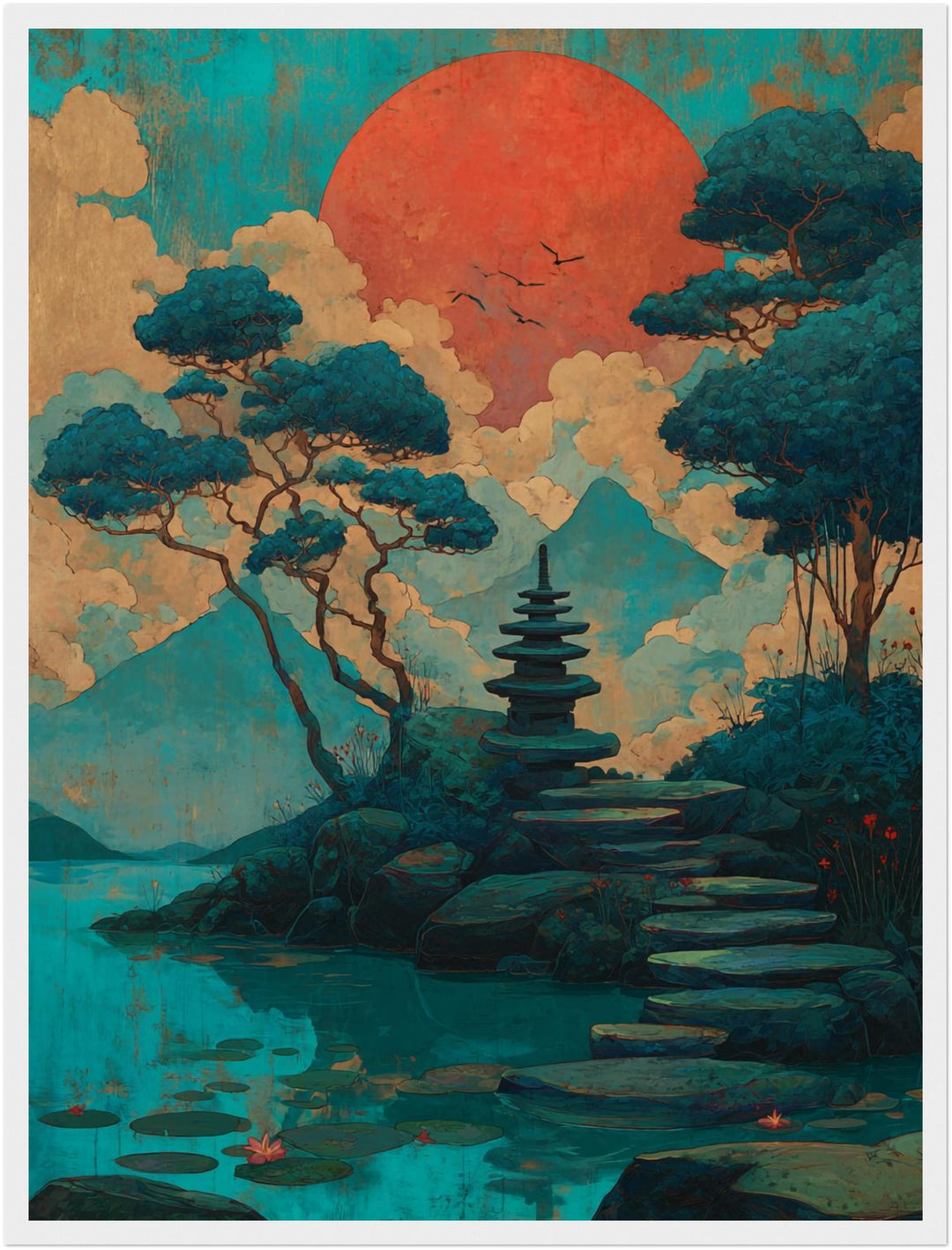 Pagode am See Poster Japandi – mattes Kunstdruck-Papier – Ansicht 6