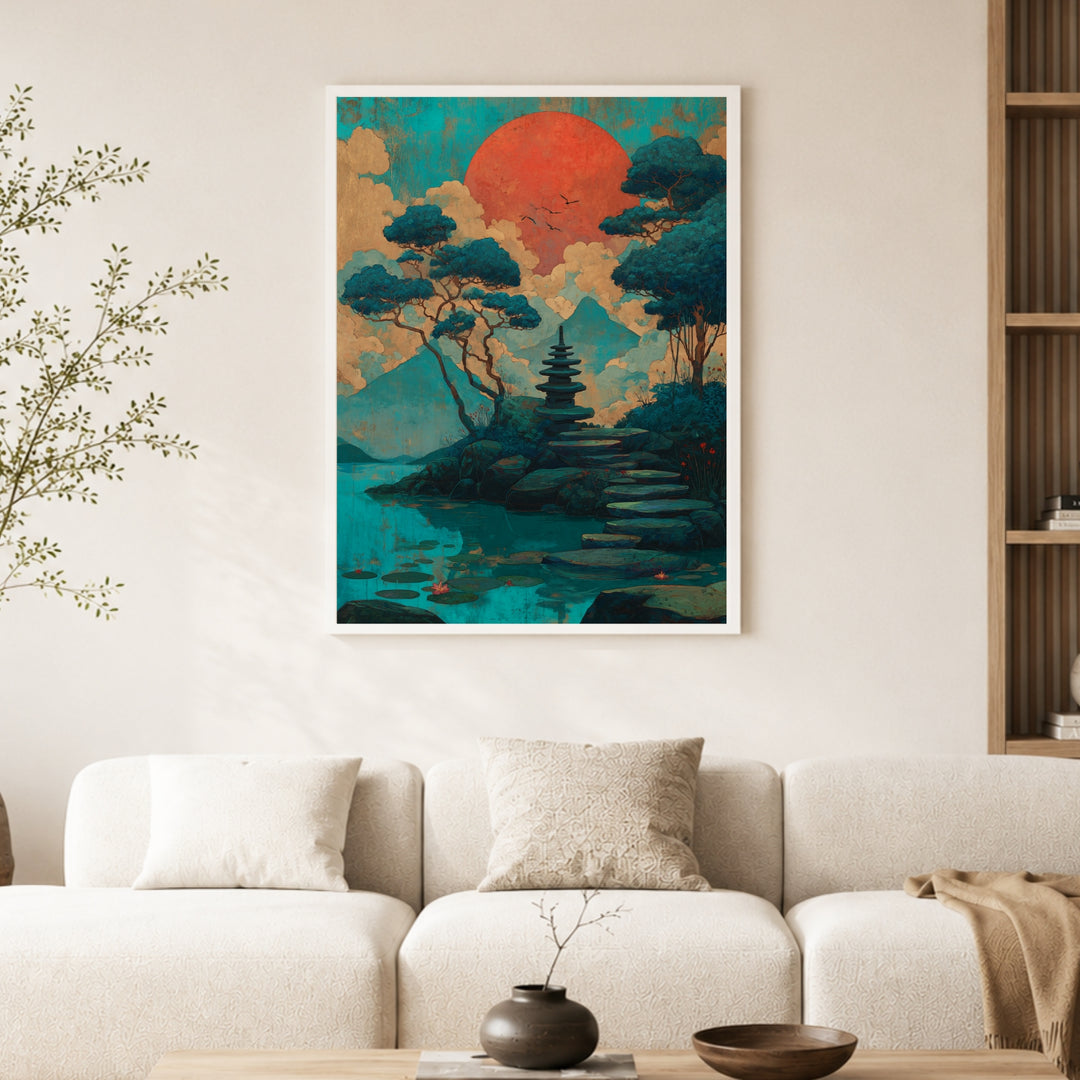 Pagode am See Japandi – Wandkunst