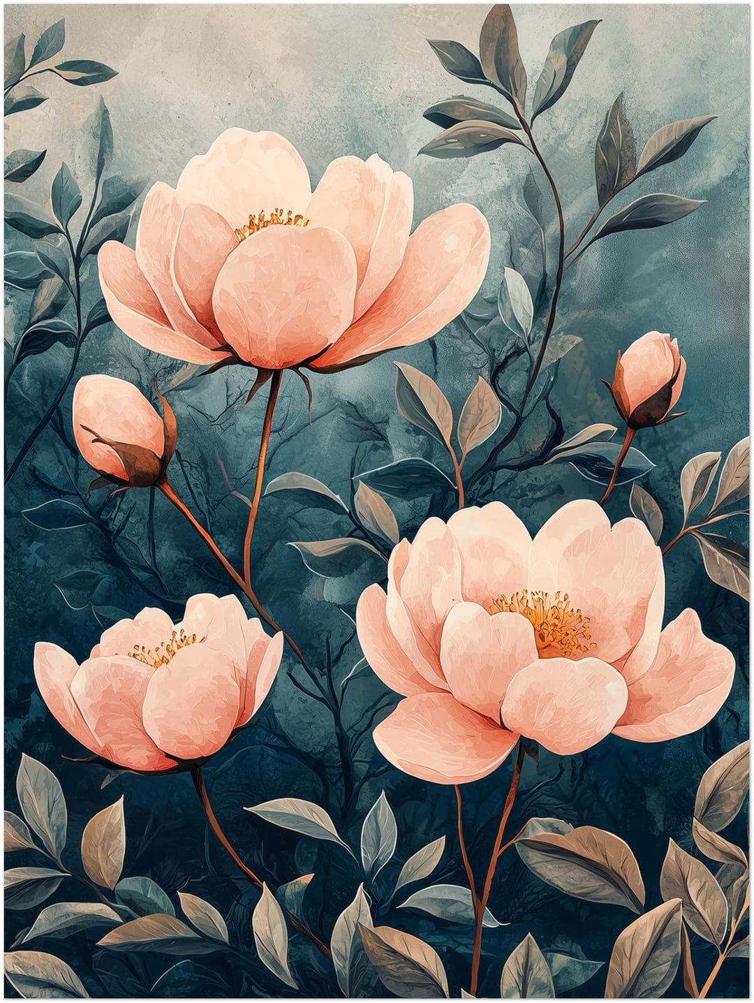 Pfingstrosen im Aquarell Japandi – Wandkunst