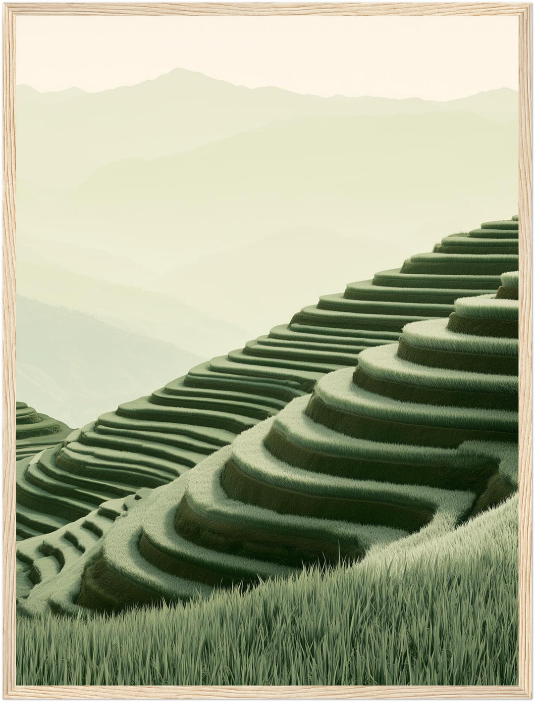 Stille Reisterrassen im Nebel Poster – Holz natur Rahmen – Produktfoto