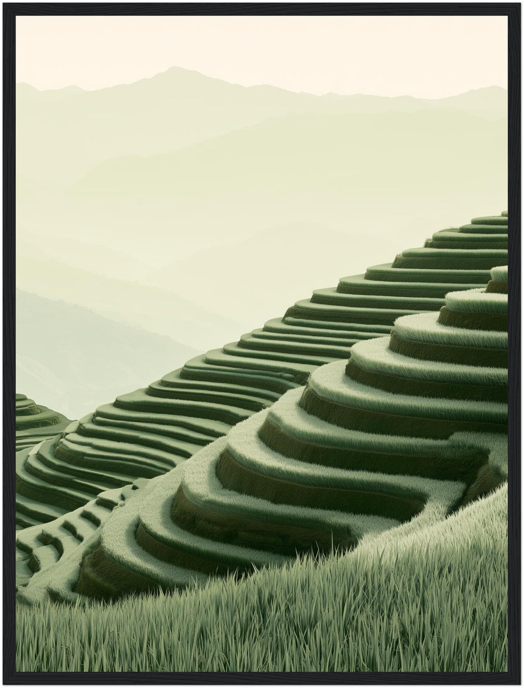 Stille Reisterrassen im Nebel Poster – Schwarzer Rahmen – Produktfoto