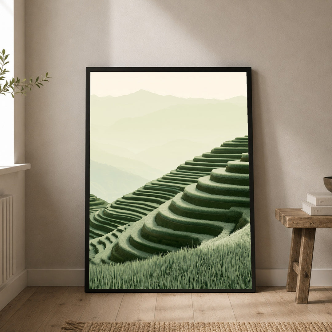 Stille Reisterrassen im Nebel Poster – Schwarzer Rahmen – Produktfoto
