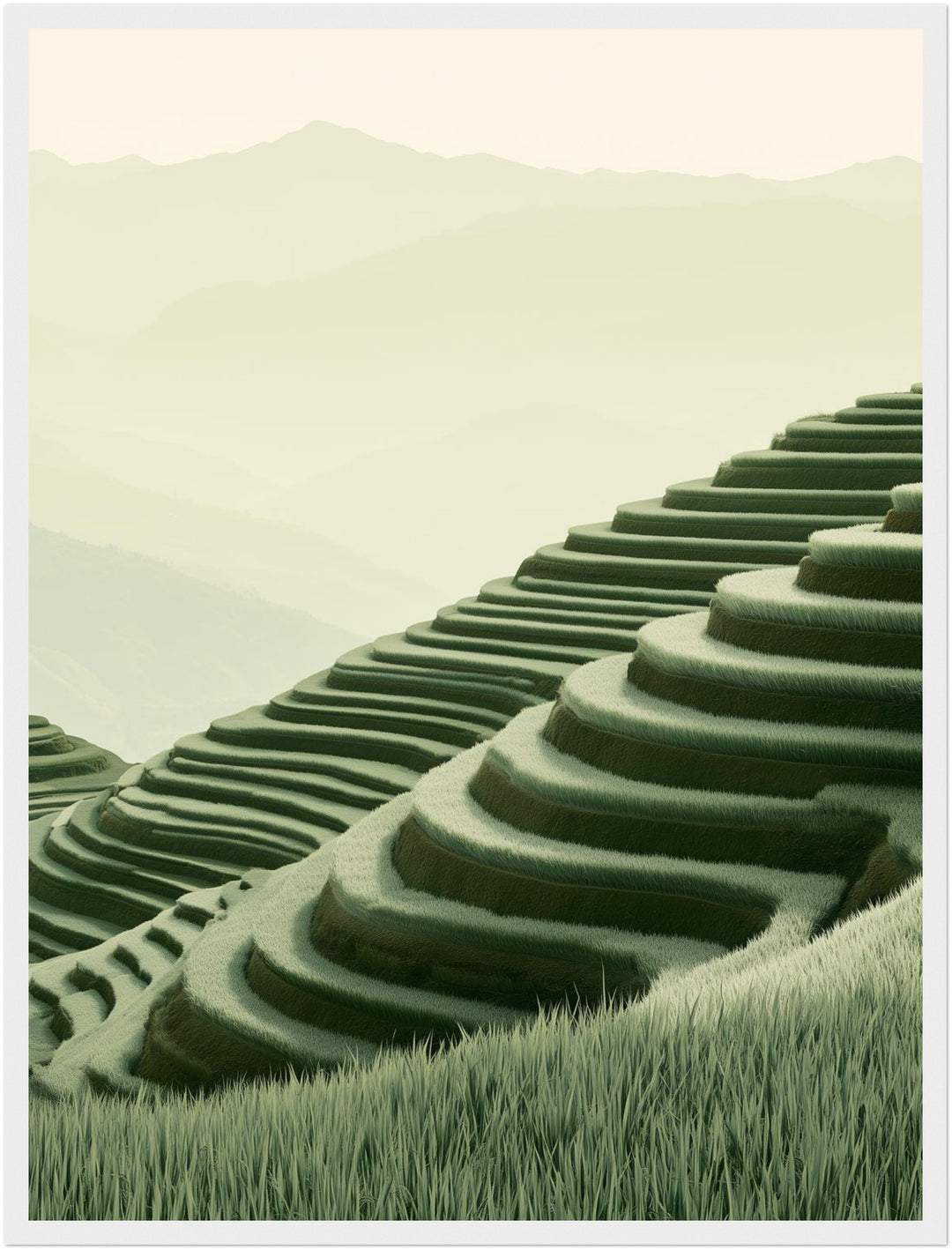 Stille Reisterrassen im Nebel Poster – Weißer Rahmen – Produktfoto