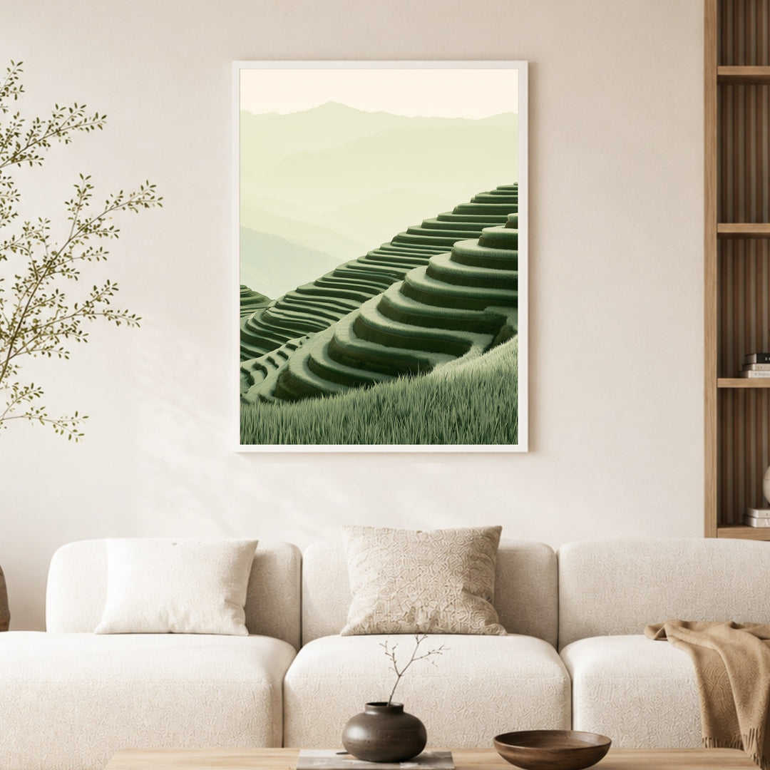 Stille Reisterrassen im Nebel Poster – Weißer Rahmen – Produktfoto