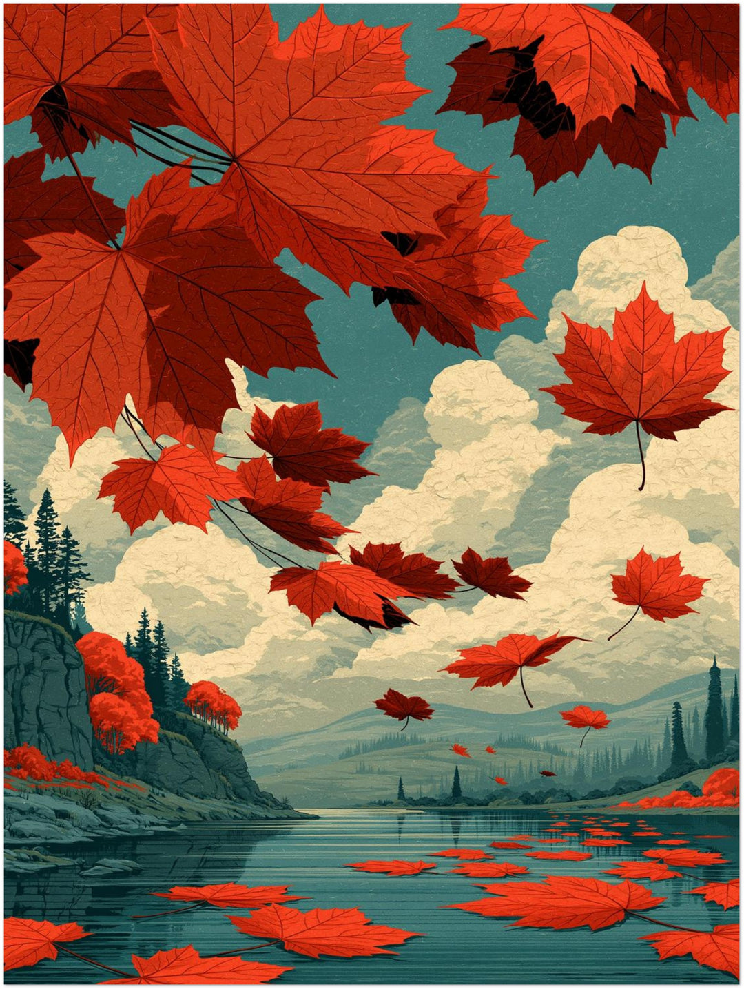 Rote Ahornblätter im Herbstwind Poster – Ohne Rahmen – Produktfoto