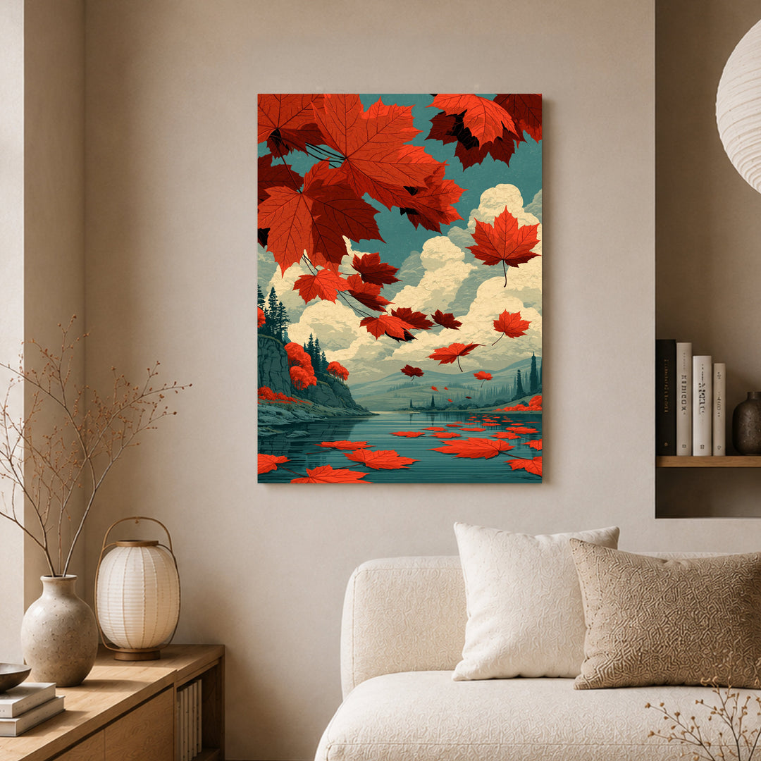 Rote Ahornblätter im Herbstwind Poster – Ohne Rahmen – Produktfoto
