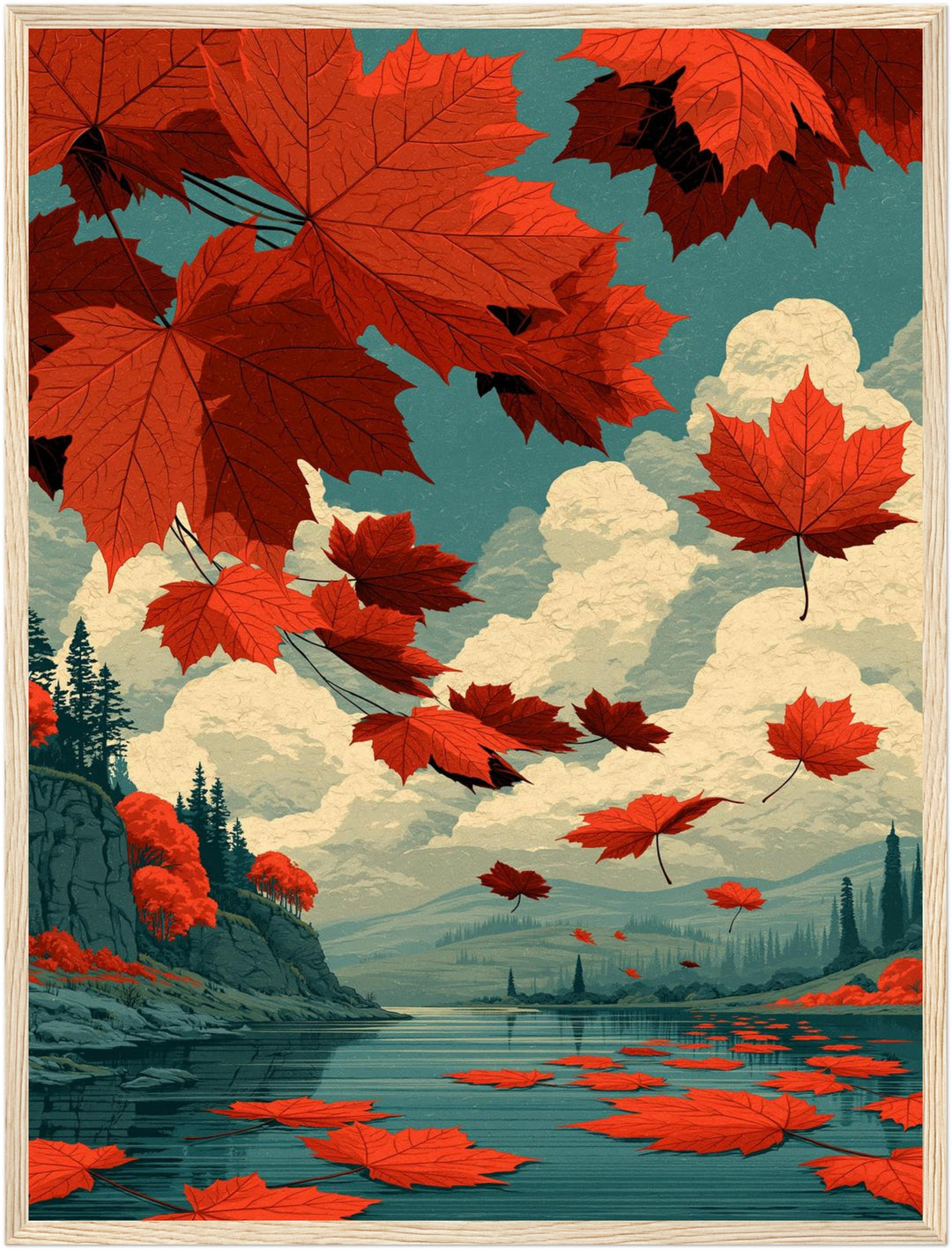 Rote Ahornblätter im Herbstwind Poster – Holz natur Rahmen – Produktfoto