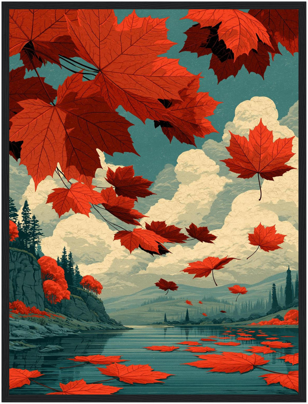 Rote Ahornblätter im Herbstwind Poster – Schwarzer Rahmen – Produktfoto