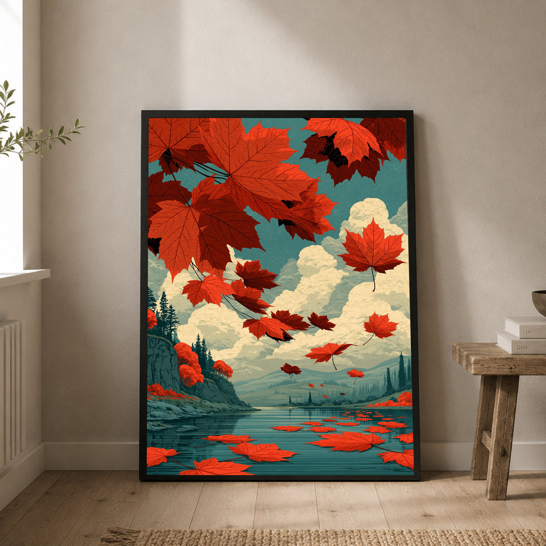 Rote Ahornblätter im Herbstwind Poster – Schwarzer Rahmen – Produktfoto
