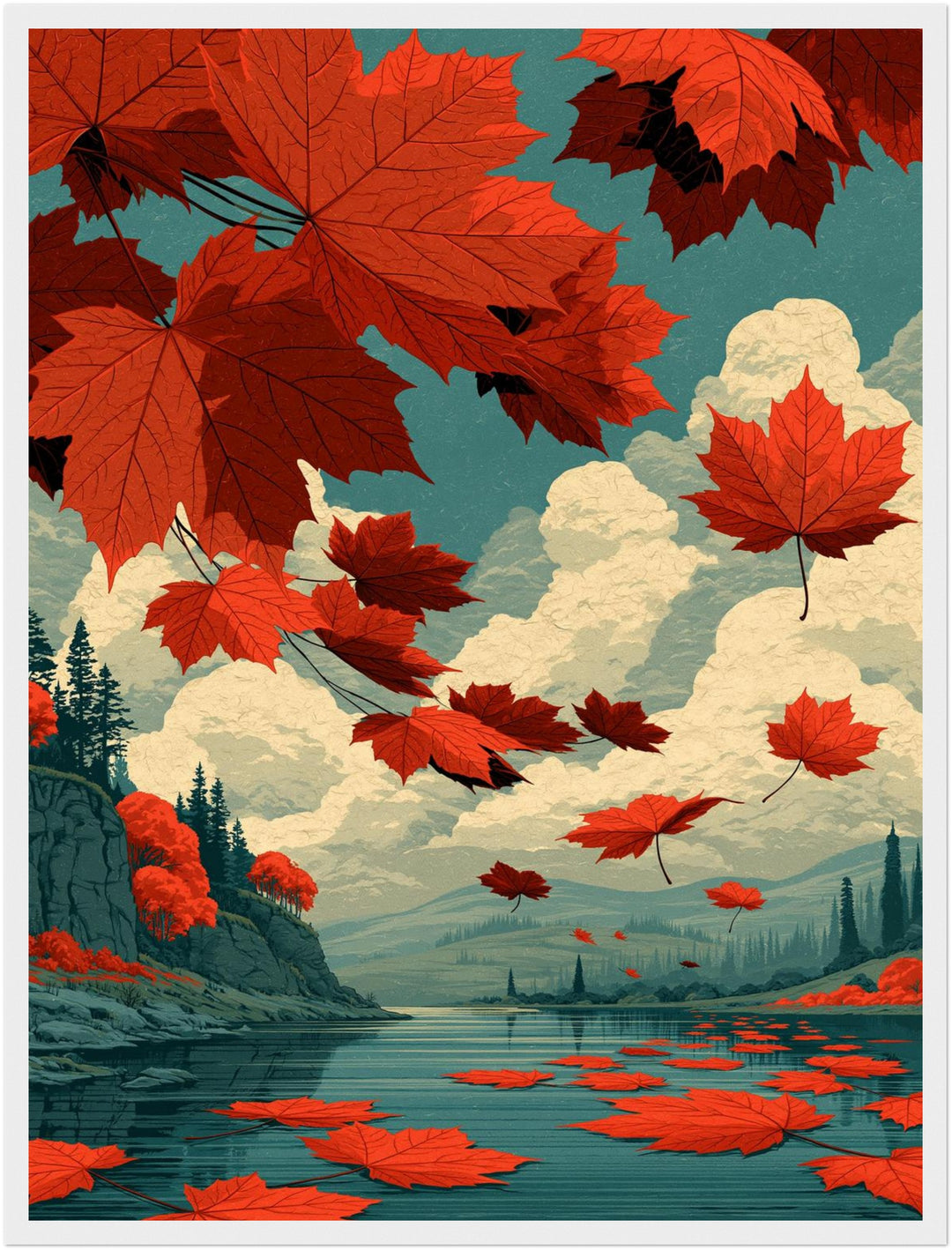 Rote Ahornblätter im Herbstwind Poster – Weißer Rahmen – Produktfoto