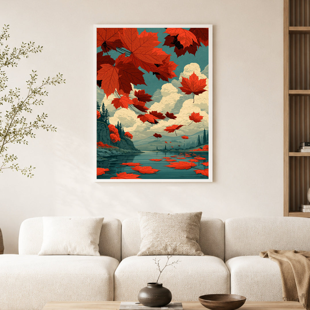 Rote Ahornblätter im Herbstwind Poster – Weißer Rahmen – Produktfoto