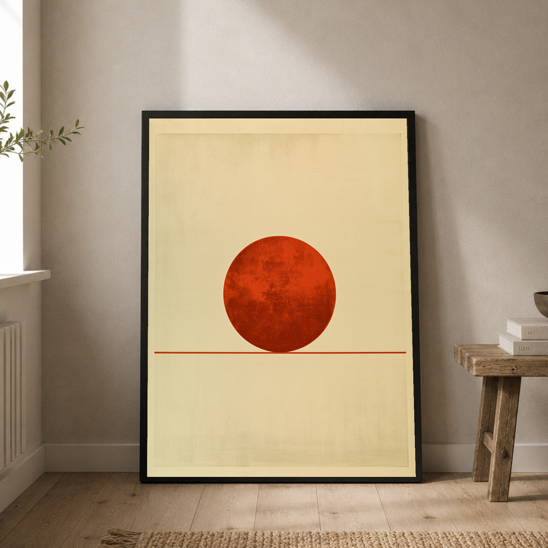 Roter Kreis am Horizont Poster – Schwarzer Rahmen – Wohnzimmer Mockup