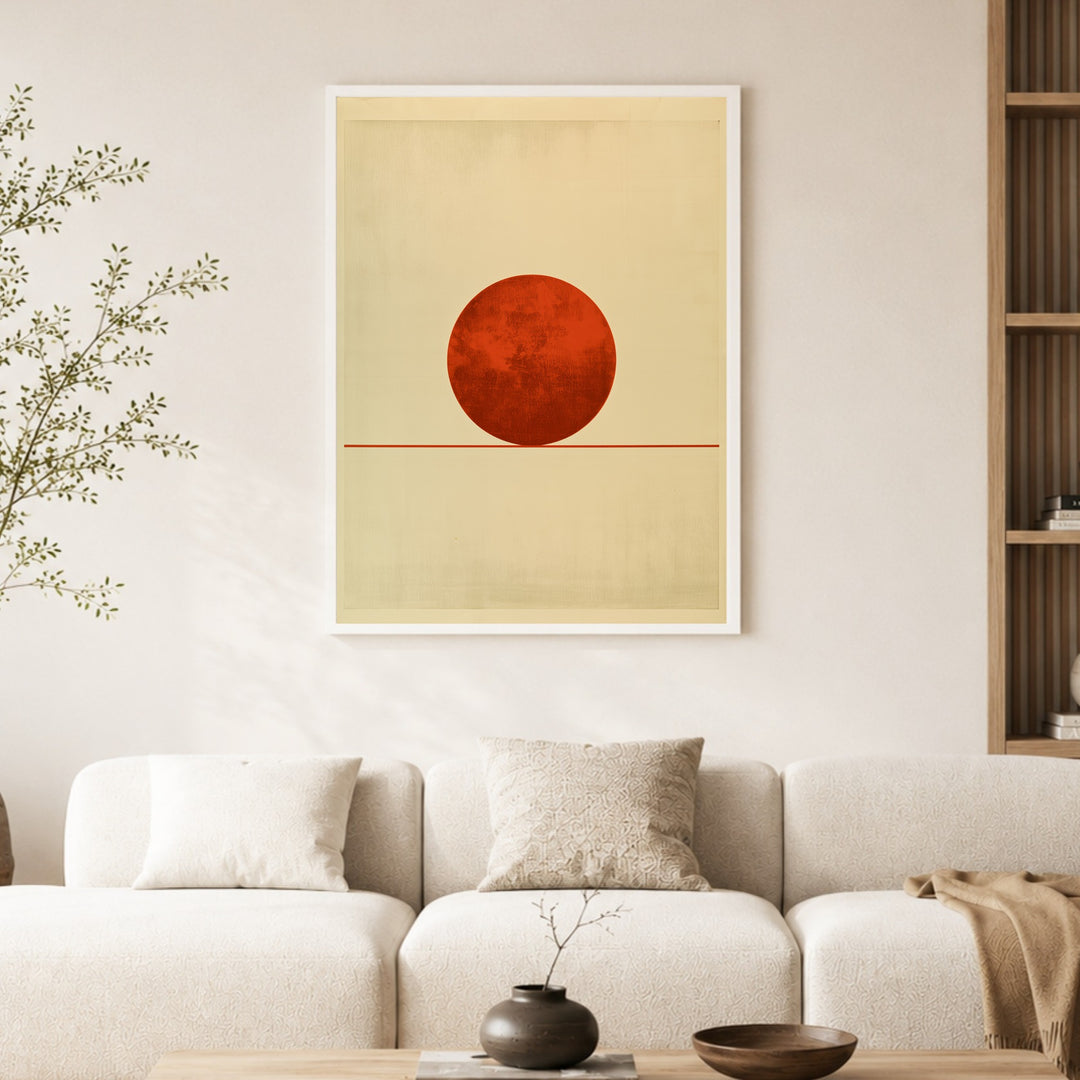 Roter Kreis am Horizont Poster – Weißer Rahmen – Wohnzimmer Mockup