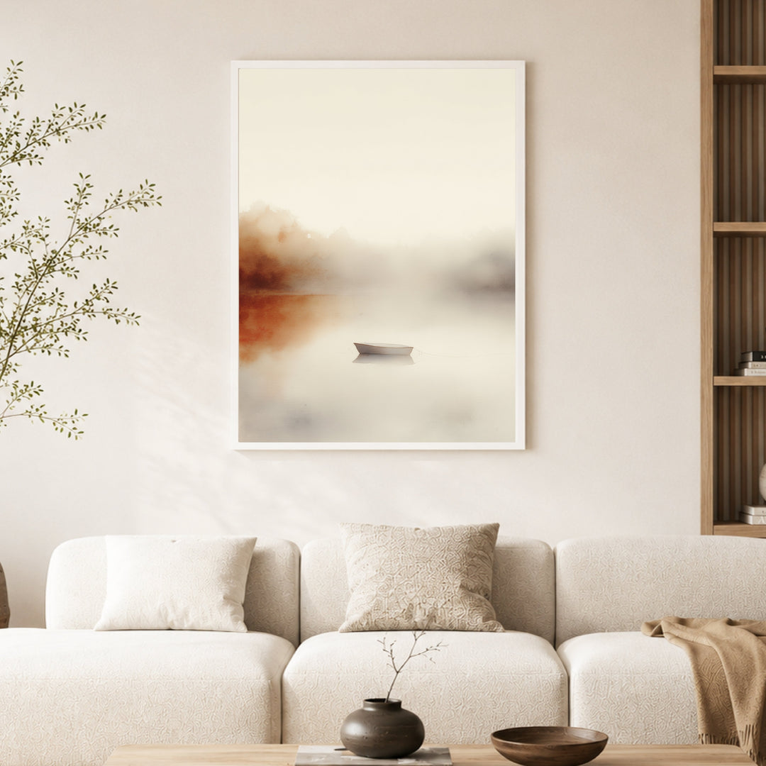 Stilles Boot im Nebel Poster – Weißer Rahmen – Produktfoto