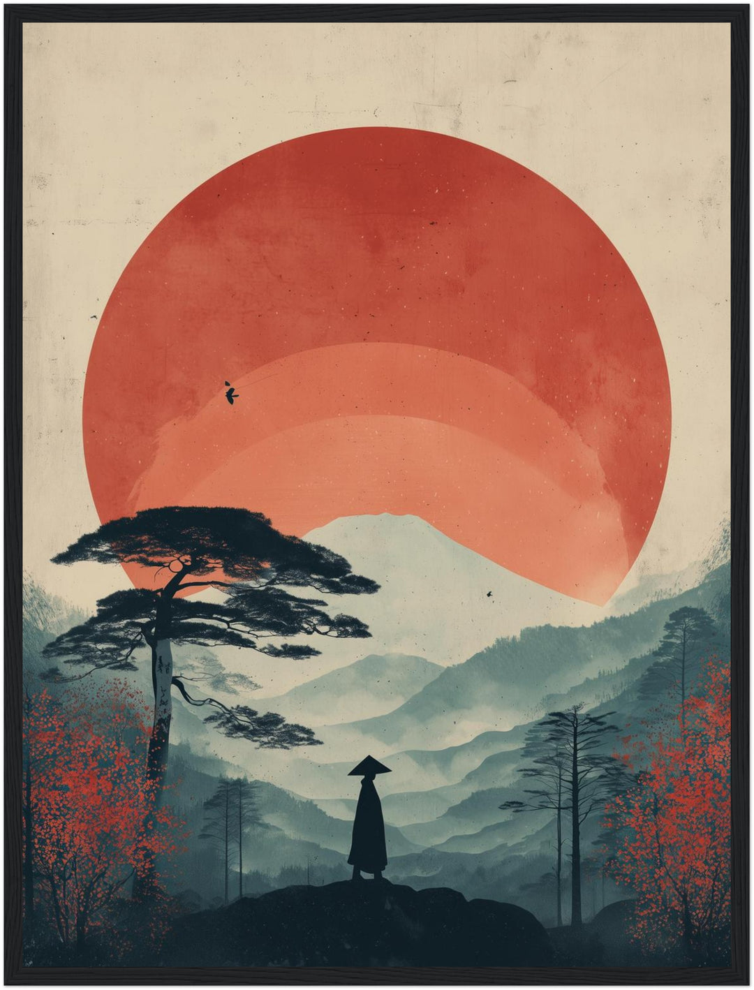 Wanderer vor roter Sonne Poster – Schwarzer Rahmen – Produktfoto