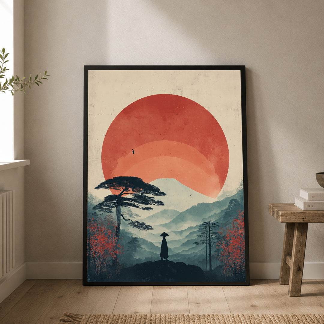 Wanderer vor roter Sonne Poster – Schwarzer Rahmen – Produktfoto