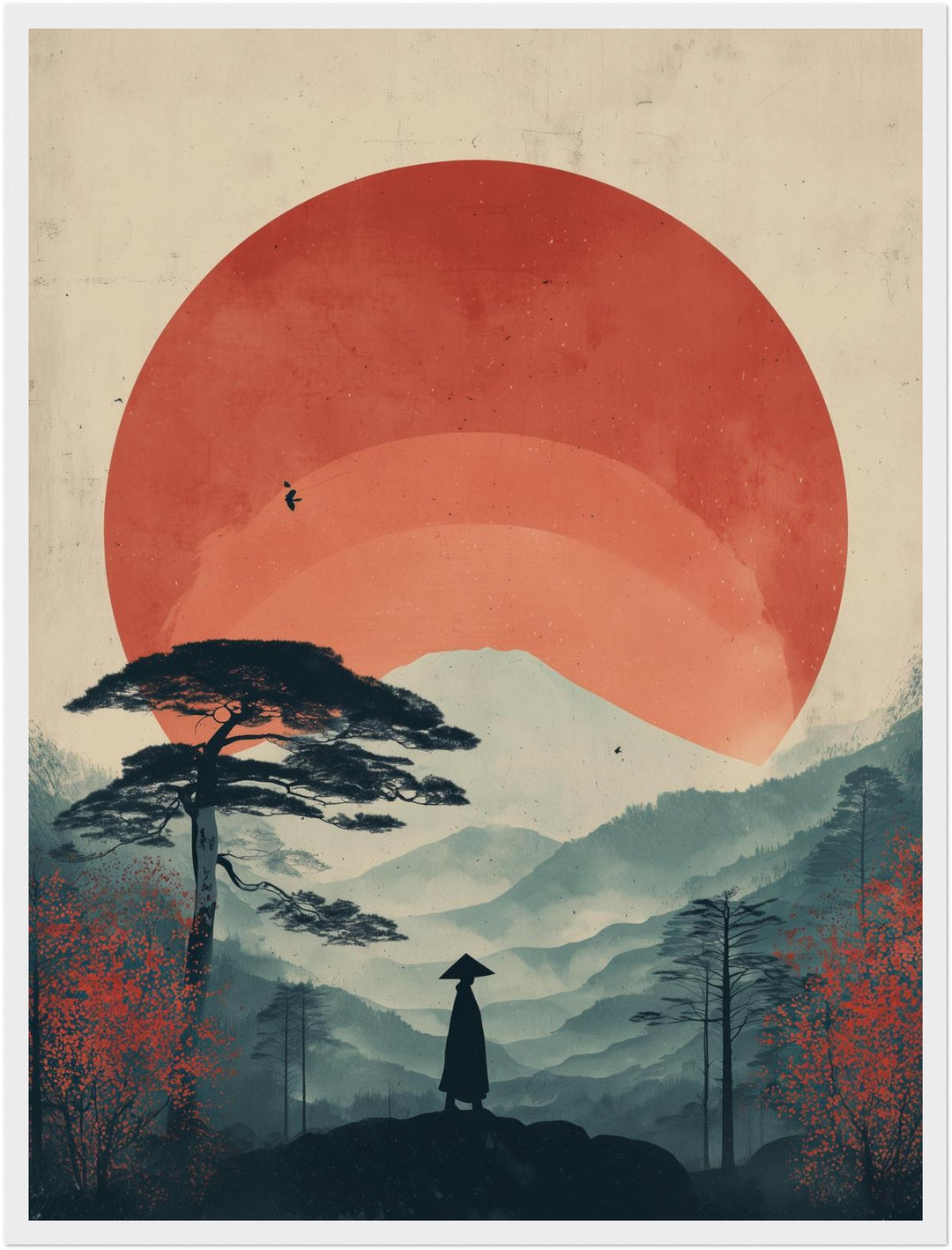 Wanderer vor roter Sonne Poster – Weißer Rahmen – Produktfoto
