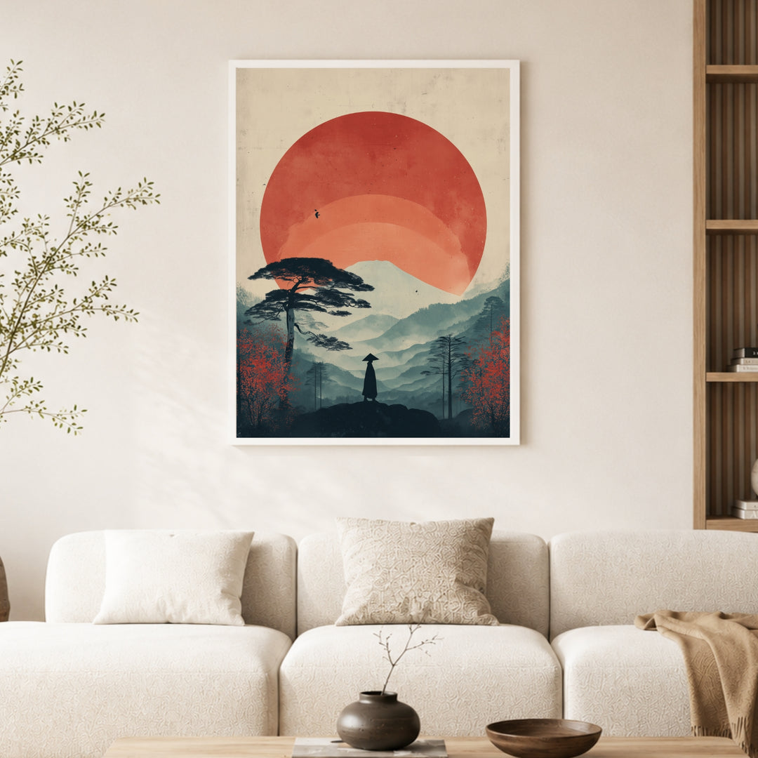 Wanderer vor roter Sonne Poster – Weißer Rahmen – Produktfoto