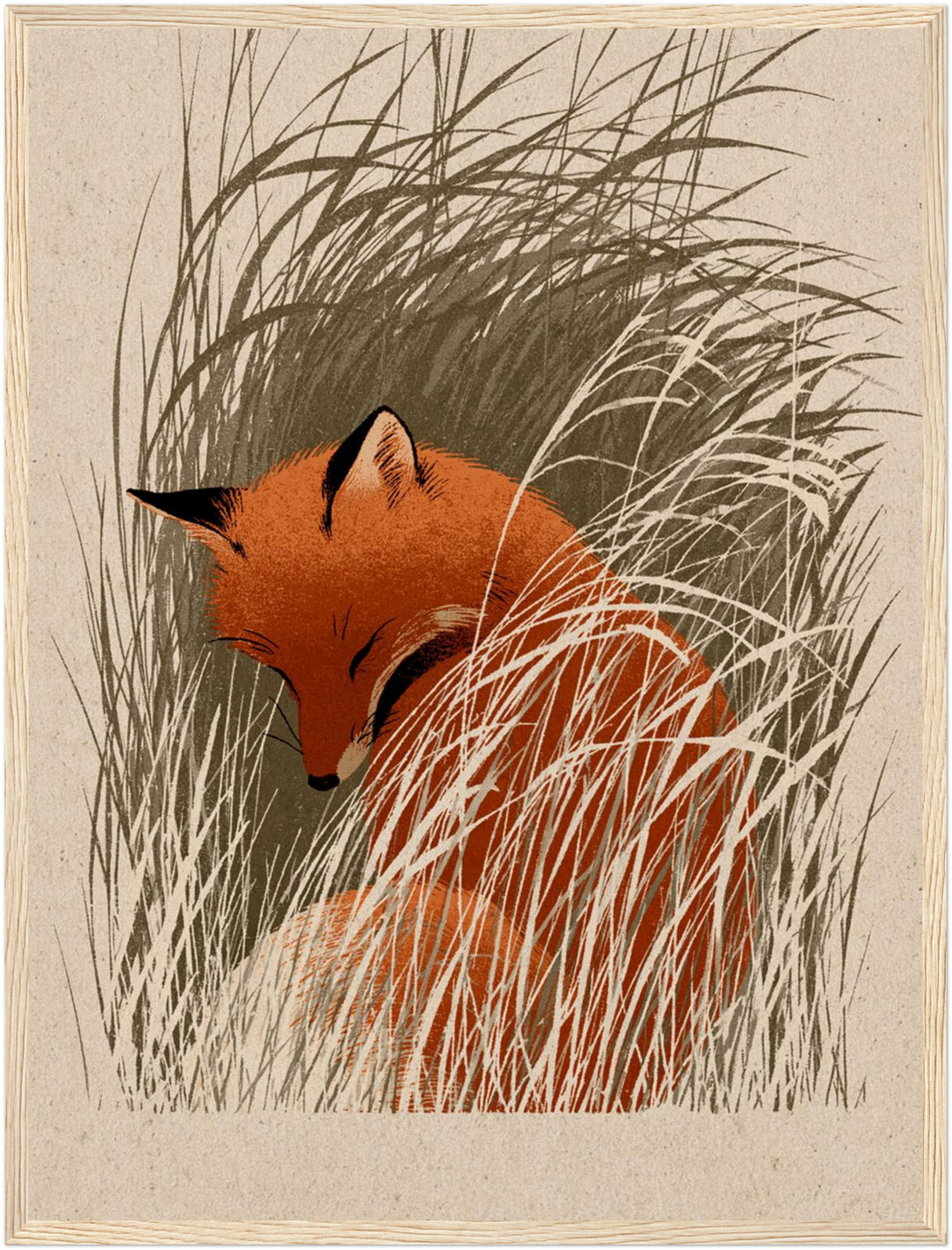 Schlafender Fuchs im Schilf Poster – Holz natur Rahmen – Produktfoto