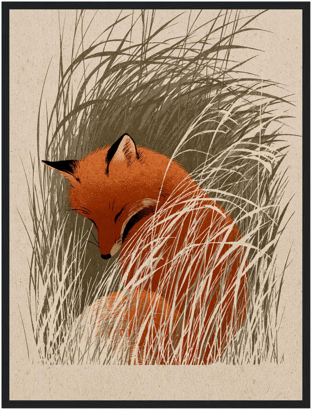 Schlafender Fuchs im Schilf Poster – Schwarzer Rahmen – Produktfoto