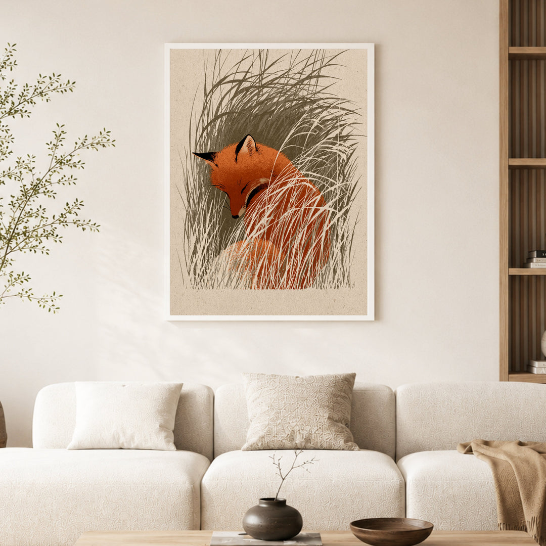 Schlafender Fuchs im Schilf Poster – Weißer Rahmen – Produktfoto
