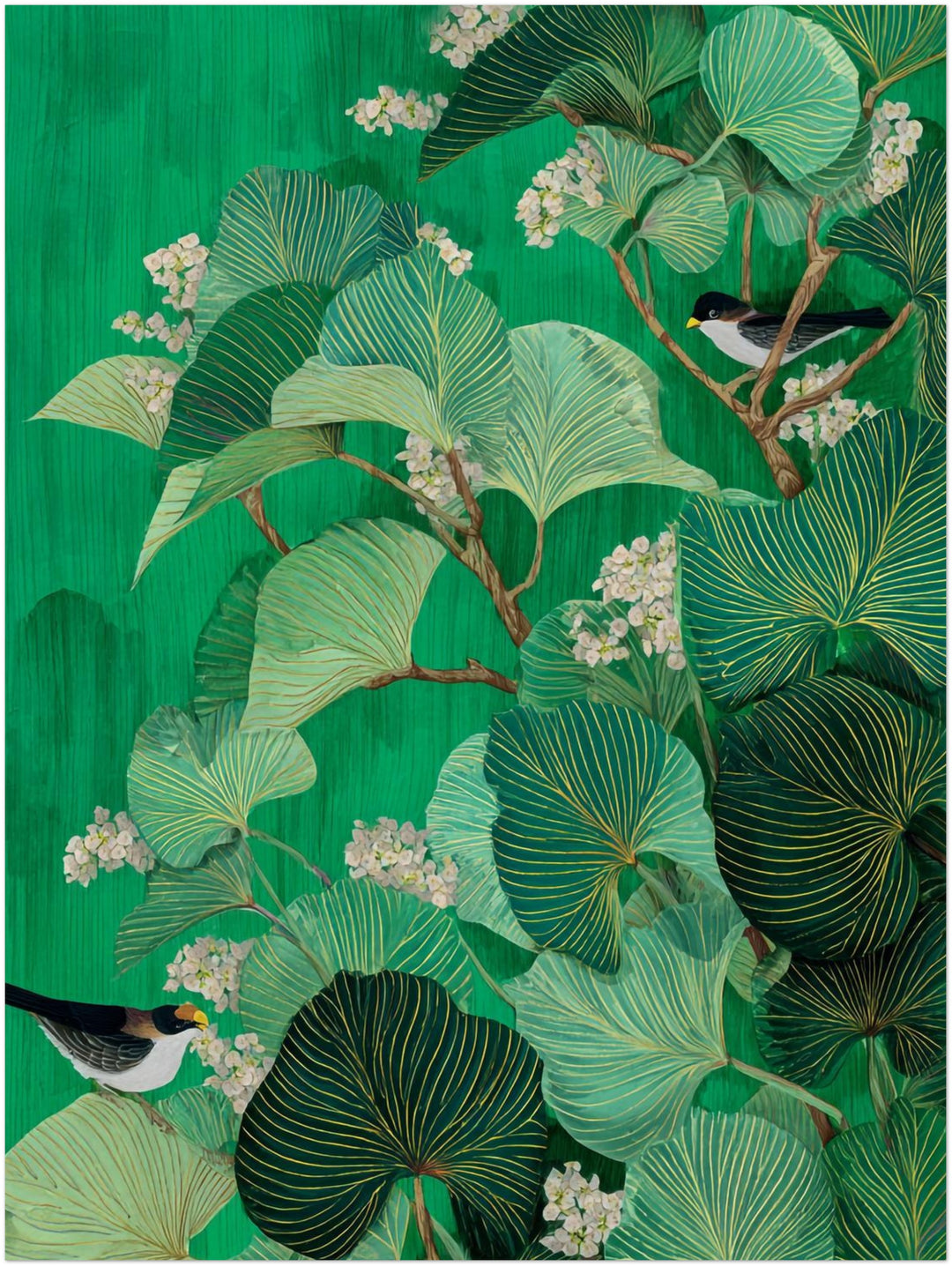 Vögel zwischen Blättern Japandi – Wandkunst