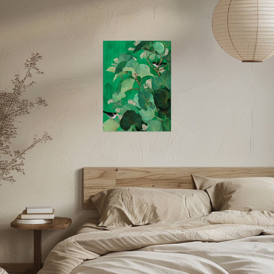 Vögel zwischen Blättern Leinwandbild Japandi – Leinwand auf Holzrahmen – Ansicht 3