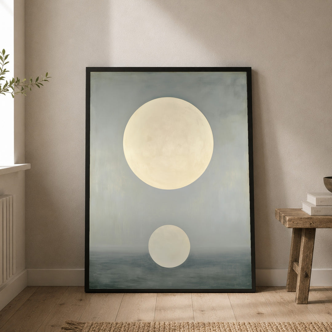 Zwei Monde über Wasser Poster – Schwarzer Rahmen – Produktfoto