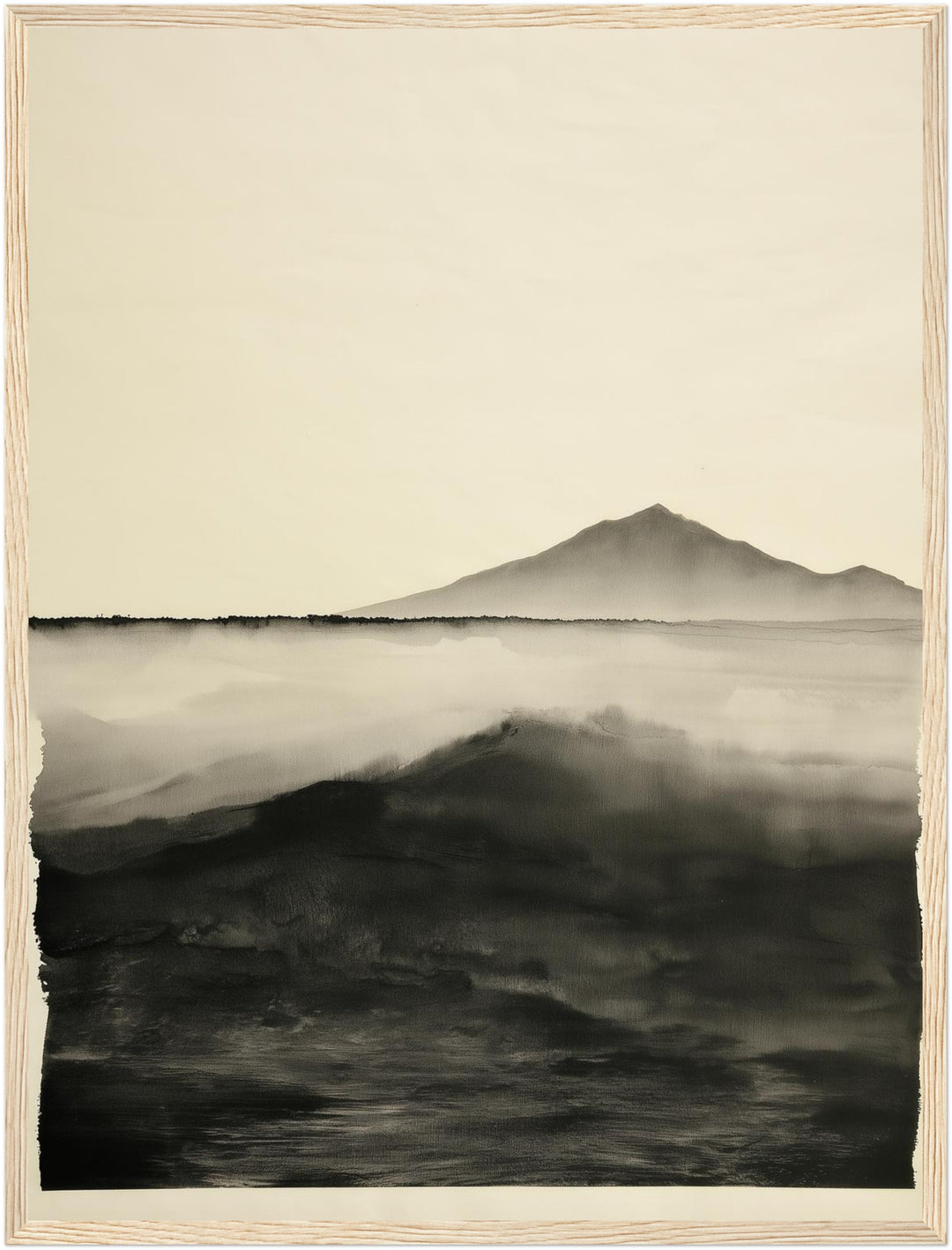 Welle vor stiller Bergsilhouette Poster – Holz natur Rahmen – Produktfoto