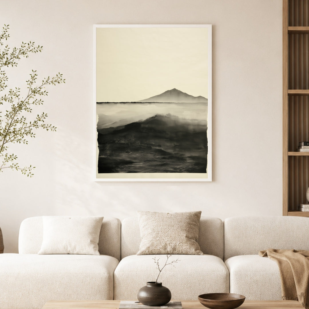 Welle vor stiller Bergsilhouette Poster – Weißer Rahmen – Produktfoto