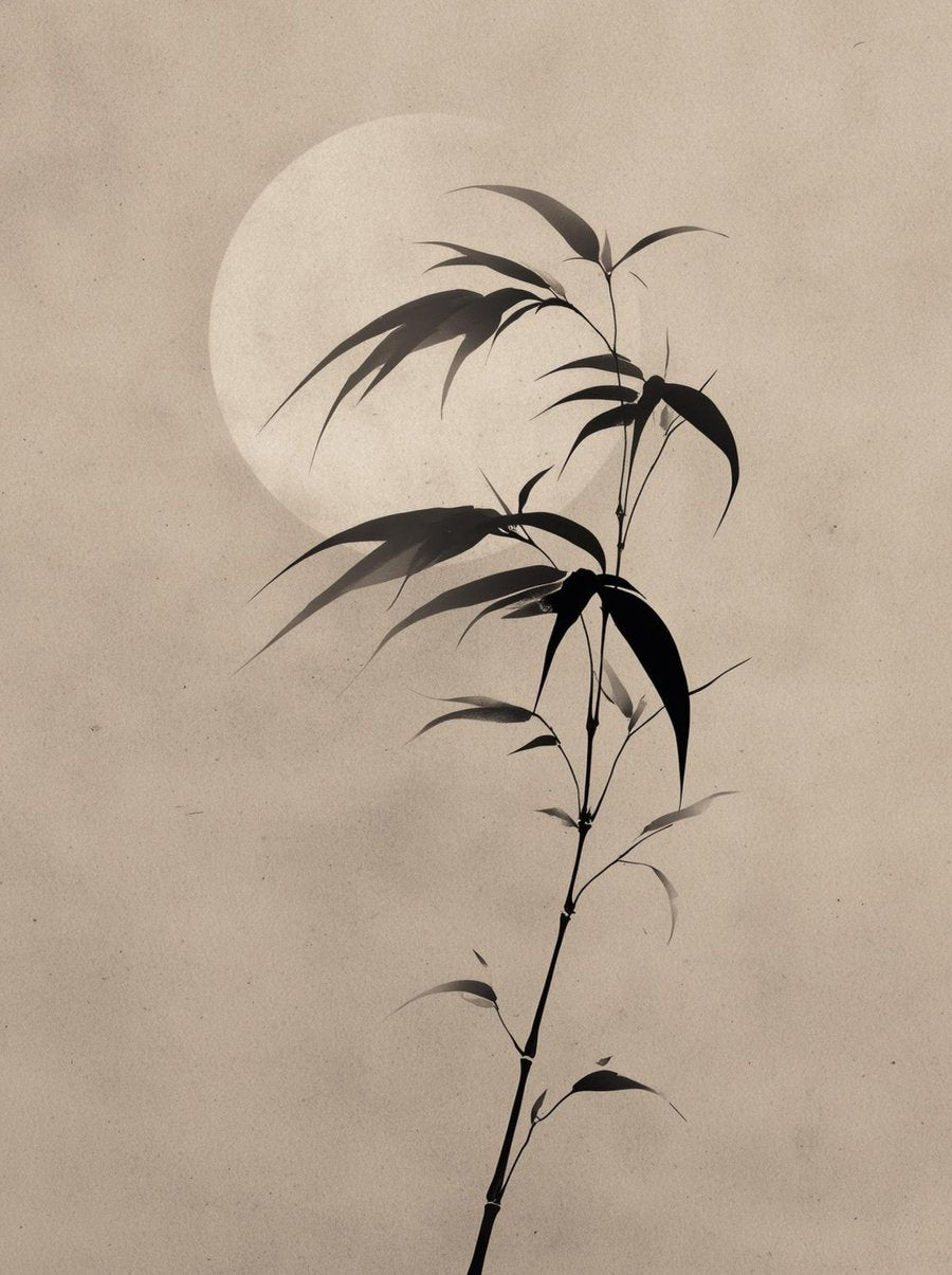 Bambuszweig im Mondlicht als Japandi Wandbild auf Leinwand