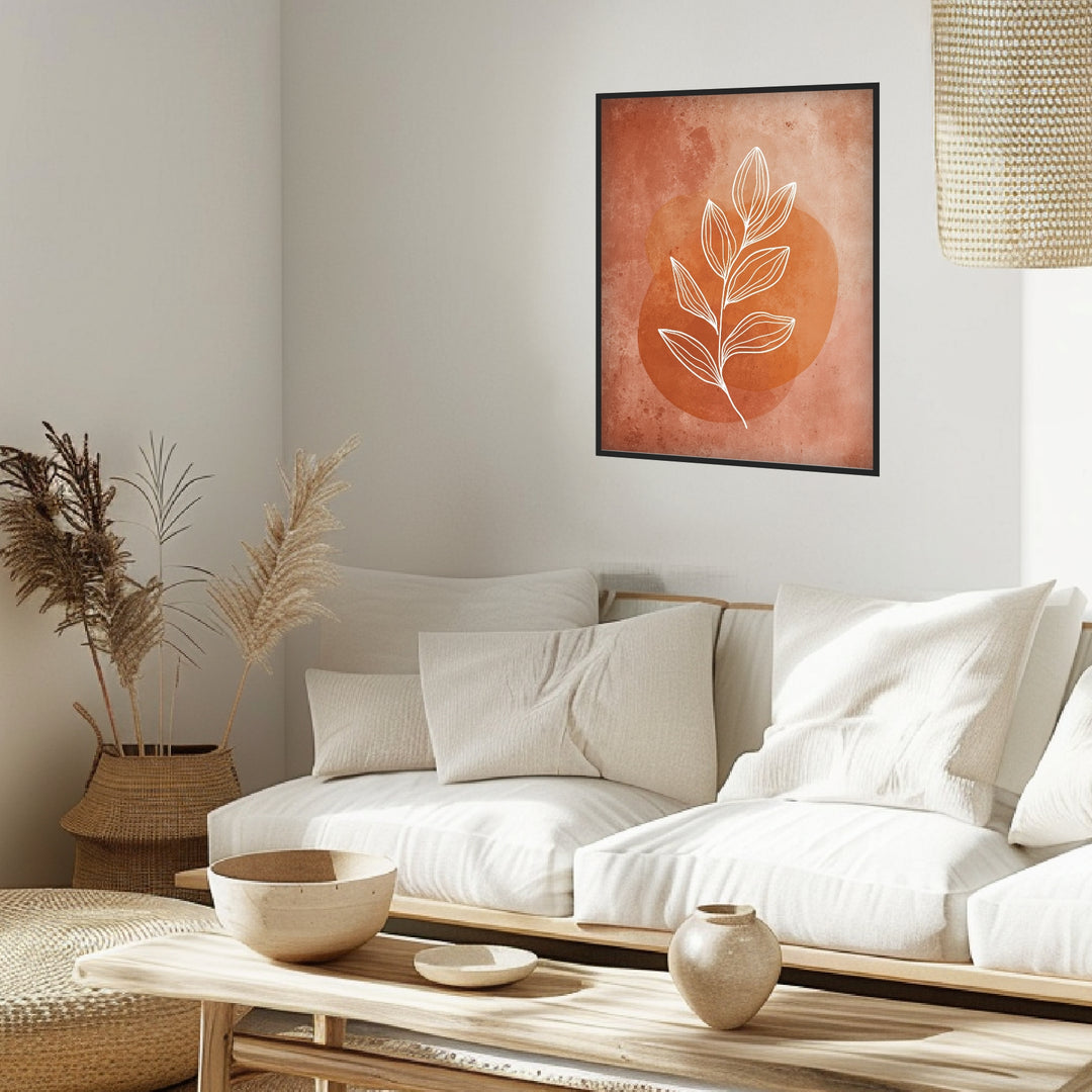 Weißer Blattzweig auf Terrakotta Poster Japandi – mattes Kunstdruck-Papier – Ansicht 3