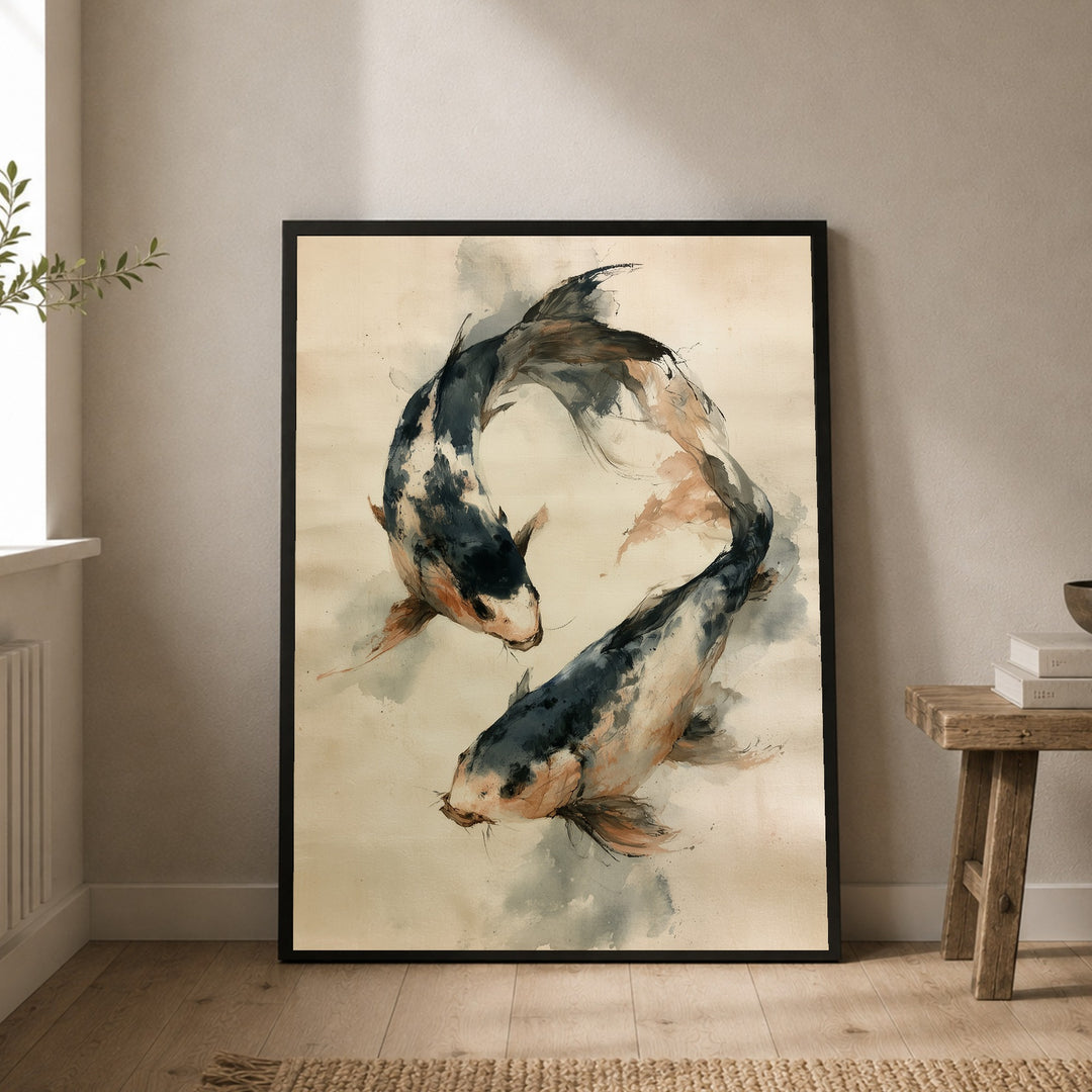 Zwei Koi im Kreis Poster – Schwarzer Rahmen – Produktfoto
