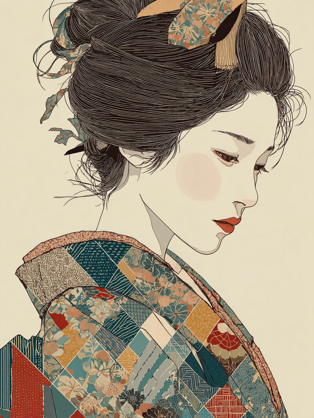 Japanische Frau im Kimono Japandi – Wandkunst